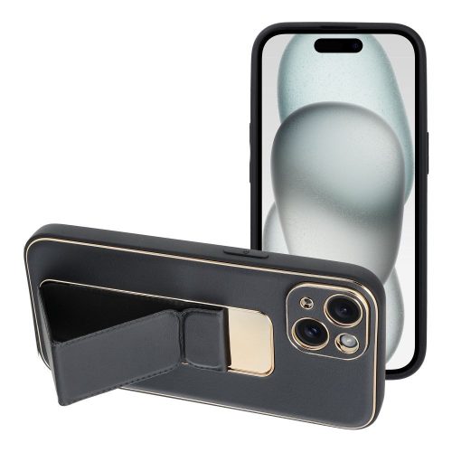 IPHONE 15 LEATHER Case állvánnyal fekete tok